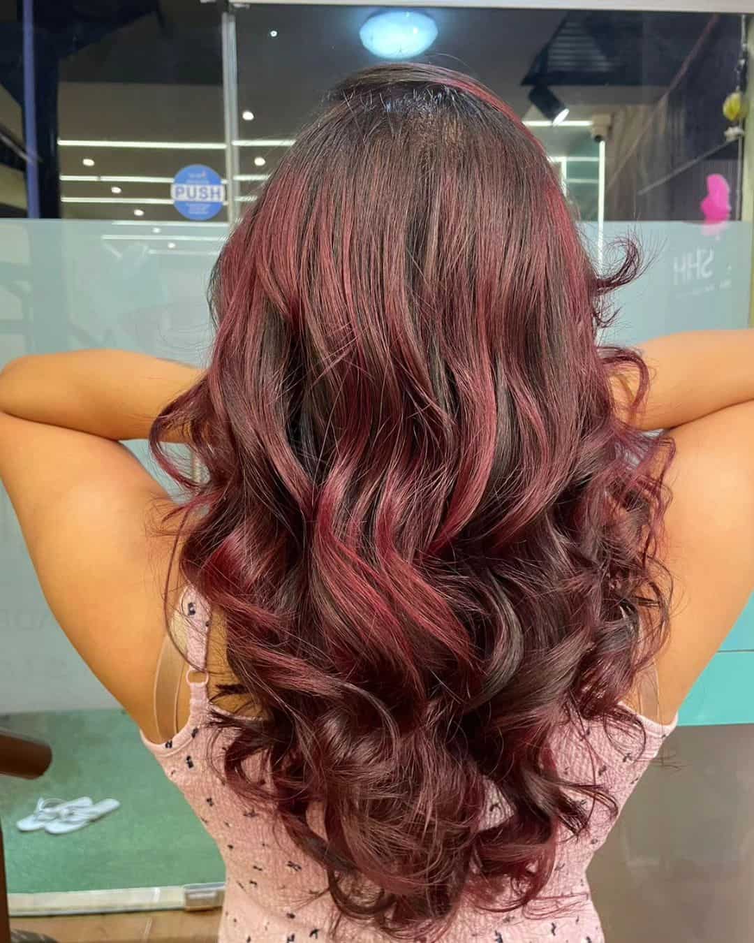 red balayage color hair 